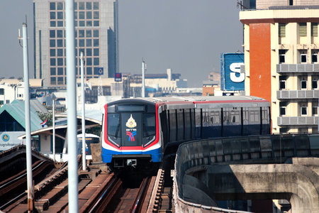 Bangkok, Thailand - December 11, 2019: BTS Skytrain approaching Siam station in central Bangkok....