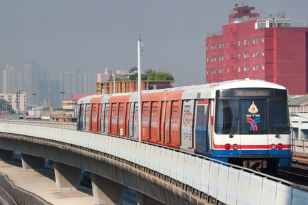 Bangkok, Thailand - December 12, 2019: Silom line of Bangkok Mass Transit System. BTS is an elevated rapid transit system in the capital of Thailand.のeditorial素材
