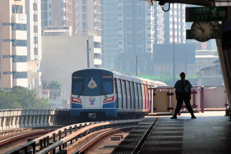 Bangkok, Thailand - December 12, 2019: Silom line of Bangkok Mass Transit System. BTS is an elevated rapid transit system in the capital of Thailand.のeditorial素材