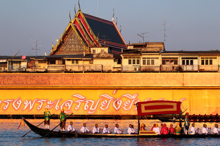 Bangkok, Thailand - December 12, 2019: The Royal Barge Procession on Chao Phraya River, the final event of the Coronation of King Rama X.のeditorial素材