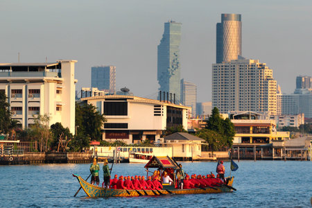 Bangkok, Thailand - December 12, 2019: The Royal Barge Procession on Chao Phraya River, the final...