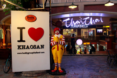 Bangkok, Thailand - November 30, 2019: Khao San Road in central Bangkok, widely known as a world-famous backpacker ghetto with cheap hotels and night markets.のeditorial素材