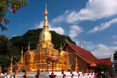 Chiang Mai, Thailand - December 3, 2019: Wat Chai Mongkhon, an old Buddhist temple in Chiang Mai, located by the Ping River, on Charoen Prathet Road in 
the old city center.のeditorial素材