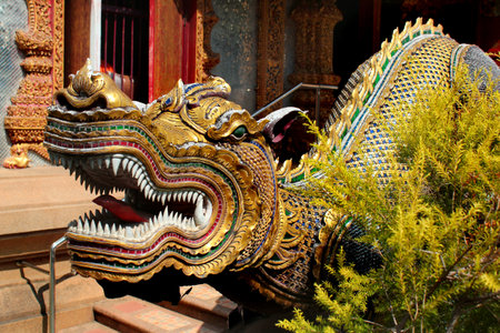 Chiang Mai, Thailand - December 3, 2019: Wat Chai Mongkhon, an ancient Buddhist temple in Chiang Mai, located by the Ping River, on Charoen Prathet Road in 
the old city center.のeditorial素材