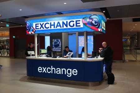 Istanbul, Turkey - November 28, 2019: Currency exchange kiosk in departure hall of new Istanbul Airport. The main international airport serving Istanbul was opened in 2018.のeditorial素材