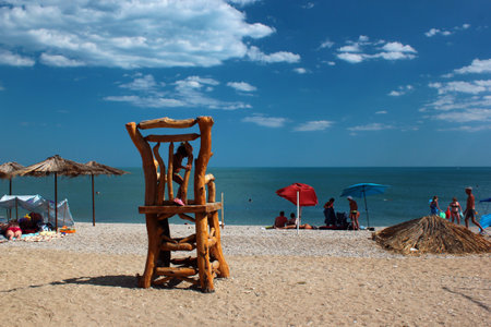 Koktebel, Ukraine - June 28, 2012: Public beach in Koktebel, one of the most popular resort townlets in South-Eastern Crimea.のeditorial素材