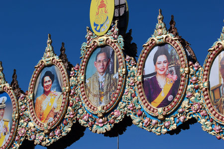 Bangkok, Thailand - November 30, 2019: Portraits of the royal family in front of the Dusit Palace in...