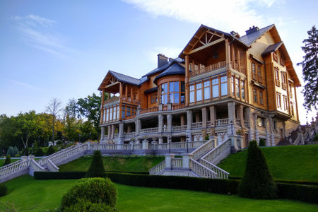 Kyiv, Ukraine - September 22, 2017: Wooden Honka house in Mezhyhirya, former private residence of ex-president Viktor Yanukovich now open to public, Kyiv region, Ukraine.のeditorial素材