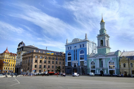 Kyiv, Ukraine - September 22, 2017: The former Greek Monastery on Square of Contracts, or Kontraktova Square. The building currently hosts the city branch of the National Bank.のeditorial素材