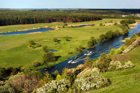Seversky Donets river near Vovchansk, Eastern Ukraine. Beautiful springtime landscape.の写真素材