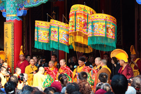 Kunming, China - March 14, 2012: Chuanfa, a Buddhist ceremony of passing the doctrines from master to disciples in Yuantong monastery, the oldest and most famous temple in Kunming, Yunnan.のeditorial素材