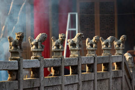 Kunming, China - March 14, 2012: Stone lions in Yuantong monastery, the oldest and most famous buddhist temple in Kunming, Yunnan.のeditorial素材