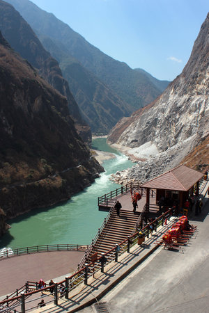 Qiaotou, China - March 11, 2012: Central part of one of the deepest ravines of the world, Tiger Leaping Gorge in Yunnan, Southern Chinaのeditorial素材