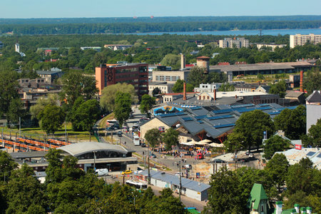 Tallinn, Estonia - July 8, 2017: Tallinn Baltic Station, the main railway station in Tallinn, and nearby renovated market hall.のeditorial素材