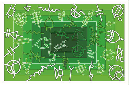 Symbols of electronic components, various devices of a circuit, abstract electrical background.のイラスト素材