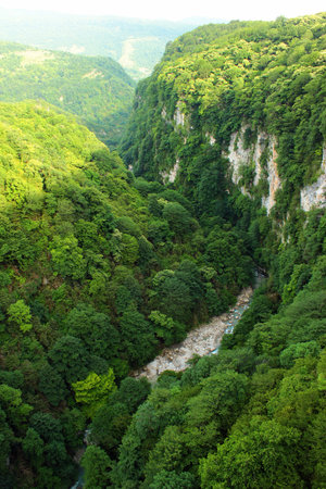 Okatse Canyon Natural Monument, an Okatse river erosion canyon located in Imereti region of Georgia.の写真素材