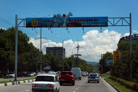 Vladikavkaz, Russia - June 12, 2016: Welcome sign in Vladikavkaz, the capital city of the Republic of North Ossetia-Alania, Russia.のeditorial素材