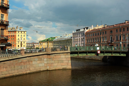 Saint-Petersburg, Russia - July 4, 2017: View of Griboedov Canal near Kokushkin Bridge in Saint Petersburg, Russia.のeditorial素材