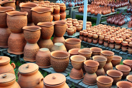 Shrosha, Georgia - June 18, 2016: Traditional pottery at street market in Shrosha. Handmade Ñlay Qvevri vessels are the foundation of Georgiaâs UNESCO-Listed winemaking tradition.のeditorial素材
