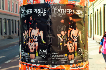 Oslo, Norway - June 26, 2018: Event poster on busy Karl Johans gate street in central Oslo, inviting visitors to Leather Pride men only showのeditorial素材
