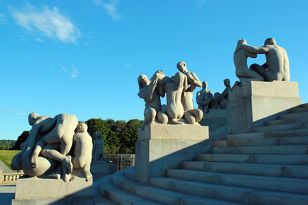 Oslo, Norway - June 26, 2018: Fragments of central Monolith composition by Gustav Vigeland in Frogner sculpture park, a popular tourist destination in Oslo.のeditorial素材