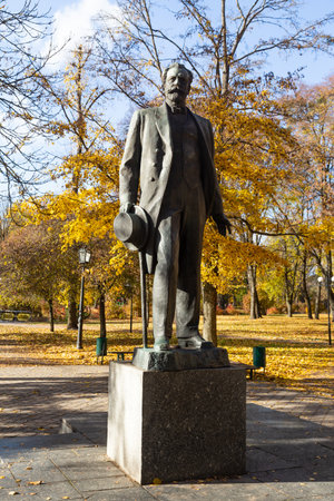 Trostianets, Ukraine - October 15, 2021: Monument to Pyotr Tchaikovsky, a Russian composer who visited Trostianets in 1864 and wrote his first substantial work for orchestra, The Storm overture.のeditorial素材