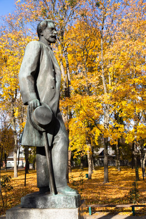 Trostianets, Ukraine - October 15, 2021: Monument to Pyotr Tchaikovsky, a Russian composer who visited Trostianets in 1864 and wrote his first substantial work for orchestra, The Storm overture.のeditorial素材