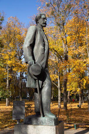 Trostianets, Ukraine - October 15, 2021: Monument to Pyotr Tchaikovsky, a Russian composer who visited Trostianets in 1864 and wrote his first substantial work for orchestra, The Storm overture.のeditorial素材
