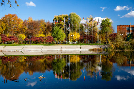 Trostianets, Ukraine - October 15, 2021: Walkways, decorative sculptures and promenades in public park in Trostianets, a city in Sumy Oblast, Eastern Ukraine.のeditorial素材