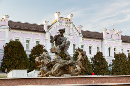 Sumy, Ukraine - October 15, 2021: A fountain with sculpture of Sadko, the principal character of an...