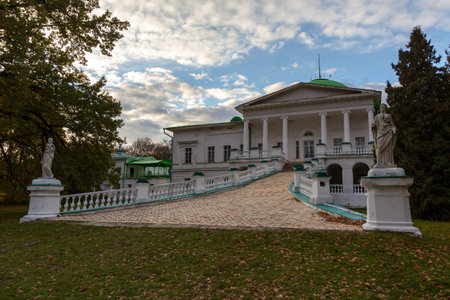 Sokyryntsi, Ukraine - October 17, 2021: Grigory Galagan palace and park complex, built in early 19th century.  Located in the village of Sokyryntsi, Sribnyansky district, Chernihiv region .のeditorial素材