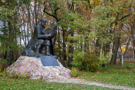 Sokyryntsi, Ukraine - October 17, 2021: Monument to Ostap Mykytovych Veresai, a renowned minstrel and kobzar who lived in Sokyryntsi and helped to popularize kobzar art both within Ukraine and beyond.のeditorial素材