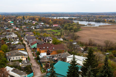 Hlukhiv, Ukraine - October 16, 2021: Aerial view of the Glukhov city from top of the historical...