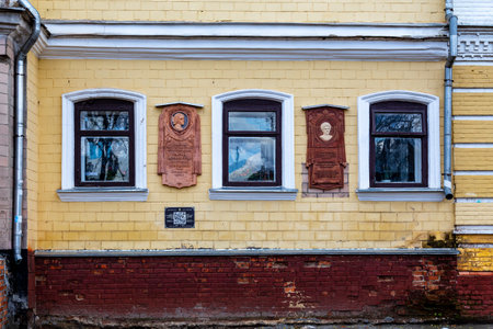 Nizhyn, Ukraine - October 17, 2021: Building of Nizhyn Women's Gymnasium, named after Pelagia Kushakevich. Memorial plaques of Eugenia Spaska and Maria Kashprovska, a notable alumni.のeditorial素材