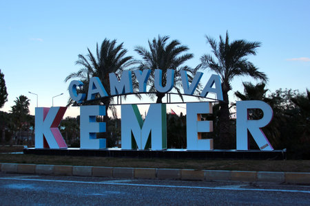 Kemer, Turkey - February 4, 2022: Welcome roadsign at Camyuva, a little resort village in Kemer municipality, Antalya regionのeditorial素材