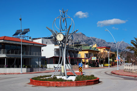 Camyuva, Turkey - February 4, 2022: Street view of Camyuva, a small town in the district of Kemer, Antalya Province, famous for numerous olive and orange groves.のeditorial素材
