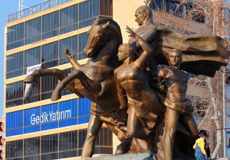 Antalya, Turkey - March 26, 2022: National Ascension Monument on the Republic Square represents leadership of Ataturk leading Turkey to the foundation of the Turkish Republic.のeditorial素材