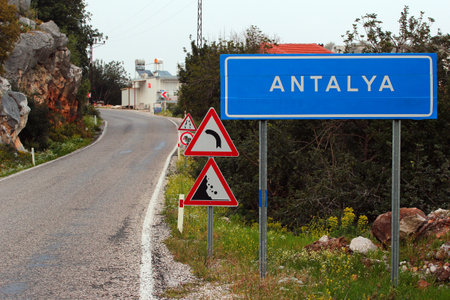 Antalya, Turkey - April 4, 2022: Welcome road sign in Antalya, the largest Turkish city on the Mediterranean coast outside the Aegean regionのeditorial素材