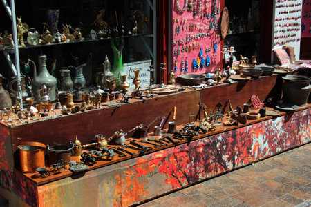 Antalya, Turkey - July 1, 2022: Antiquities shop and street vendor in Kaleici, Old city of Antalyaのeditorial素材