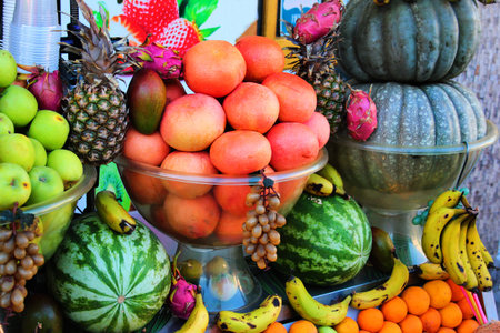 Fresh fruits and citruses on display in Antalya, Turkeyの写真素材