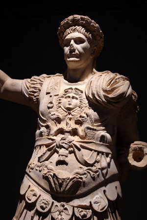 Antalya, Turkey - August 6, 2022: Statue of Emperor Traian from Perge Ancient City in Archaelogical Museum of Antalyaのeditorial素材