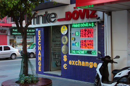 Antalya, Turkey - May 13, 2022: Currency exchange office on a popular pedestrian Sarampol street in central Muratpasa district of Antalyaのeditorial素材