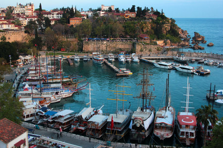 Antalya, Turkey - March 26, 2022: View of historical yacht marina and port in Kaleici Old Town of Antalyaのeditorial素材