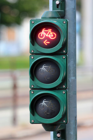 Bicycle traffic light with red light onの写真素材