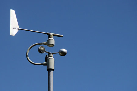 Weather station instruments against blue sky backgroundの写真素材