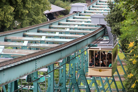 Dresden, Germany - July 29, 2023: Schwebebahn Dresden, one of the oldest suspension railways in the world. The suspended funicular designed by Eugen Langen entered service in 1901.のeditorial素材