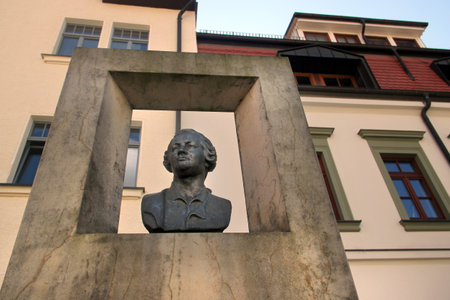 Freiberg, Germany - August 9, 2023: Monument to Mikhail Lomonosov, a Russian scientist and the founder of modern geology. In 1739 Lomonosov studied mining and metallurgy in Freiberg.のeditorial素材