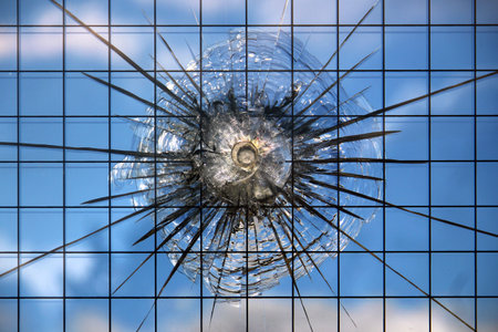 Bullet hole in a broken bulletproof glass, closeup imageの写真素材