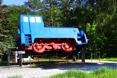 Schwarzenberg, Germany - May 19, 2024: Old steam locomotive on display in Schwarzenberg, a former mining town in Ore Mountain region of Saxony.のeditorial素材