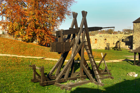 Cheb, Czech Republic - November 3,2024: Old wooden catapult in Cheb Castle, an imperial palace, castle complex and fortress above the river Eger in the town of Cheb in the western Czech Republic.のeditorial素材